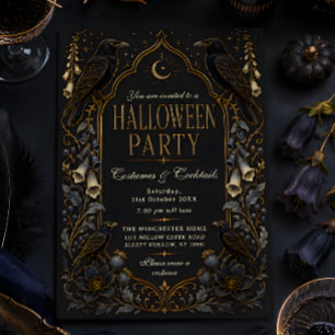 Invitación Disfraces de Cuervo Gótico y Cócteles de Halloween