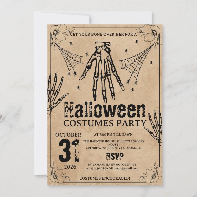 Invitación Disfraces de Halloween de mano de esqueleto grunge (Anverso)