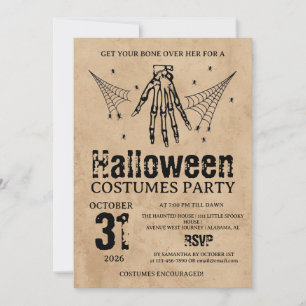 Invitación Disfraces de Halloween de mano de esqueleto vintag