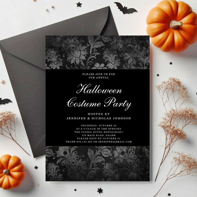 Invitación Disfraces góticos de Halloween de Damasco Negro (Gothic Black Damask Halloween Costume Invitation)