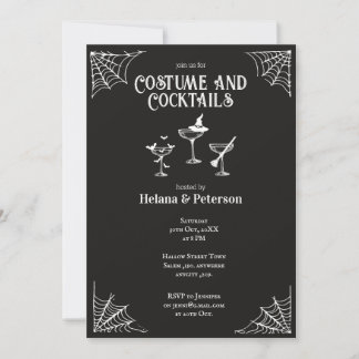 Invitación Disfraces y cócteles blancos y negros Halloween