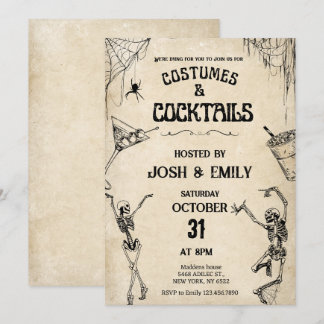 Invitación Disfraces y cócteles Esqueletos vintage Halloween