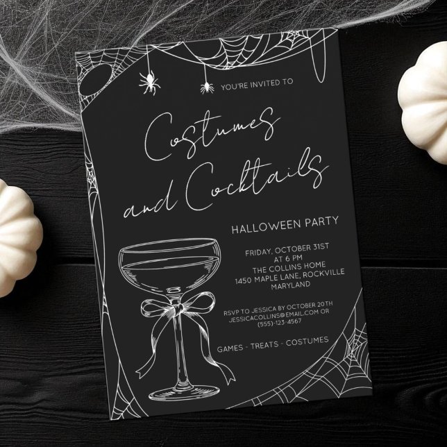 Invitación Disfraces y cócteles fiesta de Halloween para Adul (Costumes and Cocktails Black Adult Halloween Party Invitation)