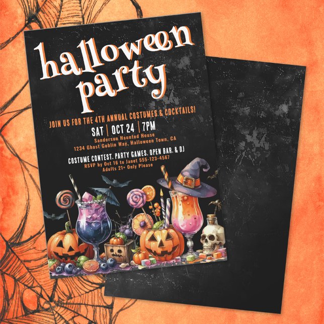 Invitación Disfraces y Cócteles Fiesta de Halloween para Adul (Costumes And Cocktails Adult Halloween Party Invitation)