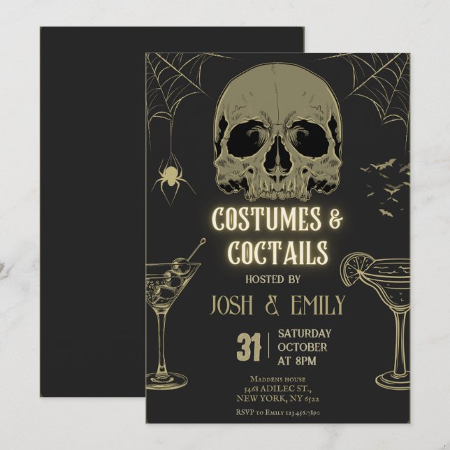 Invitación Disfraces y cócteles Halloween Fiesta adulto Scull (Anverso / Reverso)