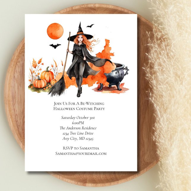 Invitación Disfraz de Bruja Negra Naranja Fiesta de Halloween (Halloween Witch Pumpkins Orange Black Party Invitation)
