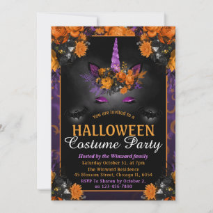 Invitación Disfraz de cara de unicornio floral de Halloween p