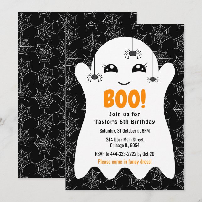 Invitación Disfraz de cumpleaños de Halloween del fantasma Bo (Anverso / Reverso)