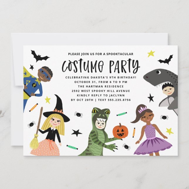Invitación Disfraz de Cumpleaños de Halloween Moderno y Bonit (Anverso)