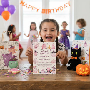 Invitación Disfraz de cumpleaños de monstruo rosa caprichoso
