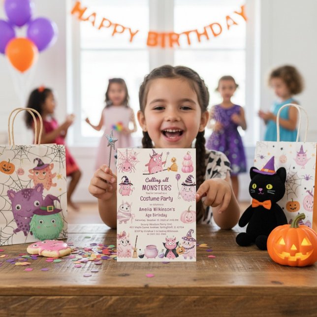 Invitación Disfraz de cumpleaños de monstruo rosa caprichoso  (Subido por el creador)