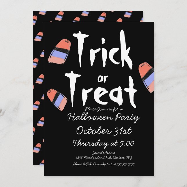 Invitación Disfraz de Doodle de Caramelo de Truco o Trato Neg (Anverso / Reverso)