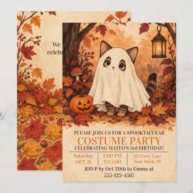 Invitación Disfraz de fantasma de gatito Cumpleaños de Hallow (Anverso / Reverso)
