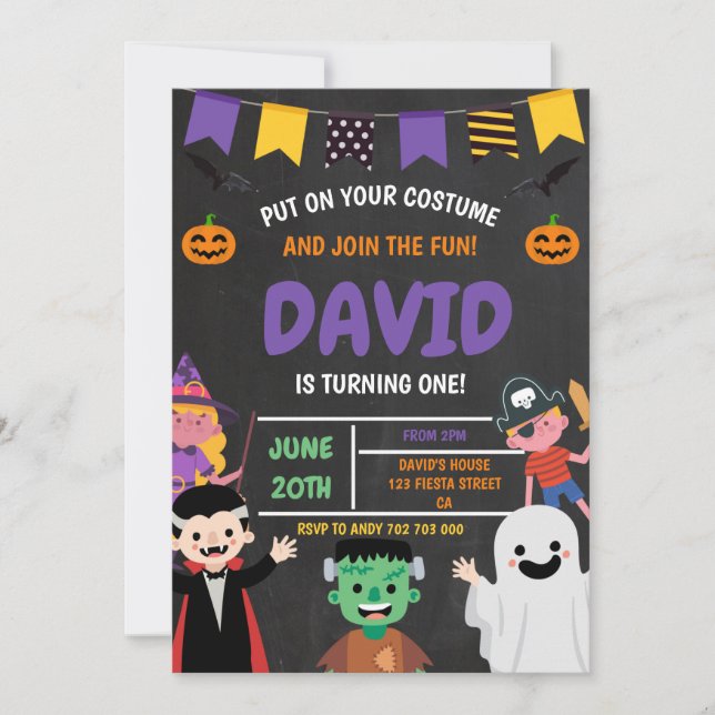 Invitación Disfraz de fiesta de cumpleaños de Halloween espan (Anverso)