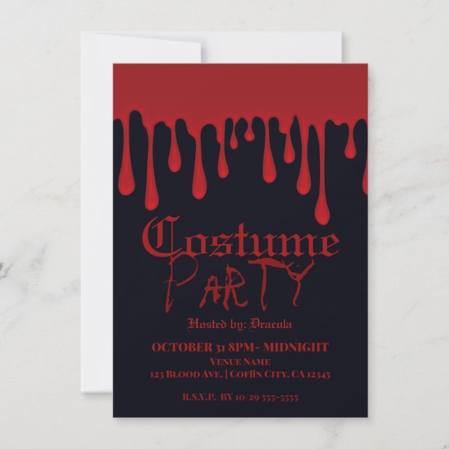 Invitación Disfraz de fiesta de Halloween con gotas de sangre (Anverso)