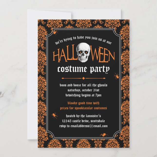 Invitación Disfraz de Fiesta de Halloween en Naranja Damasco (Anverso)