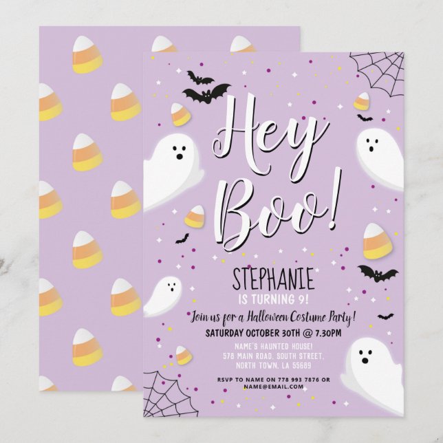 Invitación Disfraz de fiesta de Halloween para niños Hey Boo  (Anverso / Reverso)