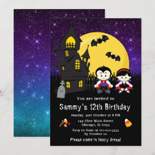 Invitación Disfraz de Halloween Cumpleaños Vampiros Morado