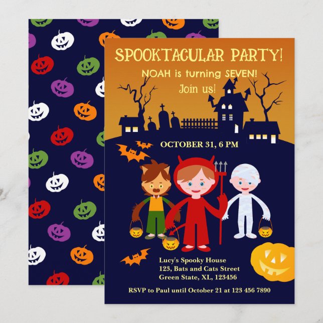 Invitación disfraz de Halloween niño fiesta de cumpleaños  (Anverso / Reverso)