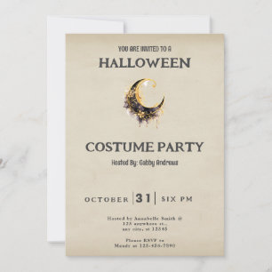 Invitación Disfraz de Halloween vintage Luna creciente de oro