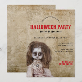 Invitación Disfraz de muñeca espeluznante vintage para fiesta