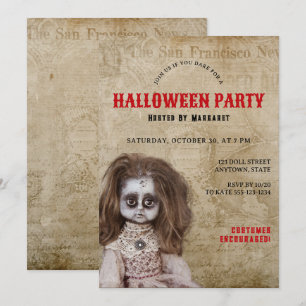 Invitación Disfraz de muñeca espeluznante vintage para fiesta
