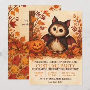 Invitación Disfraz de murciélago de búho lindo para fiesta de