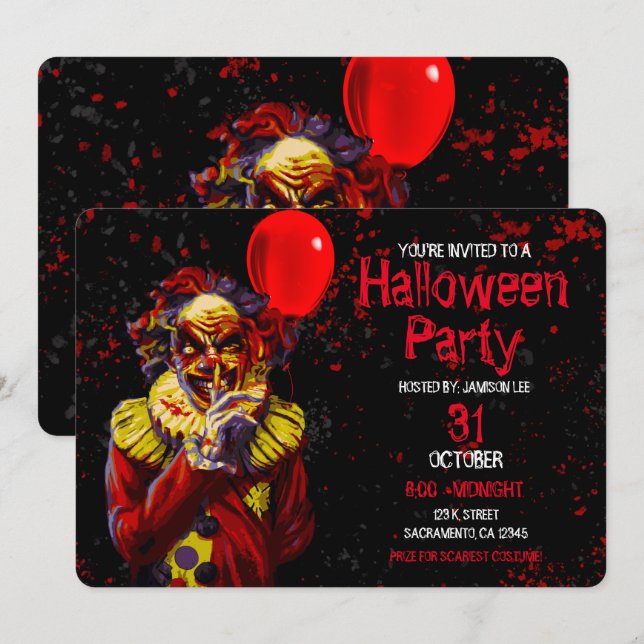 Invitación Disfraz de payaso de Halloween aterrador para fies (Anverso / Reverso)