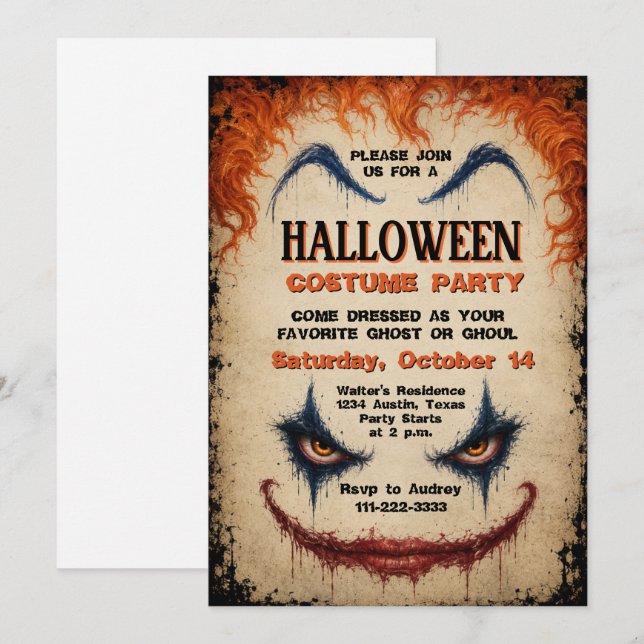 Invitación Disfraz de payaso malvado para fiesta de Halloween (Anverso / Reverso)