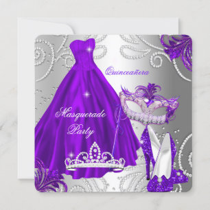 Invitación Disfraz de vestido de quinceañera de purpura y pla