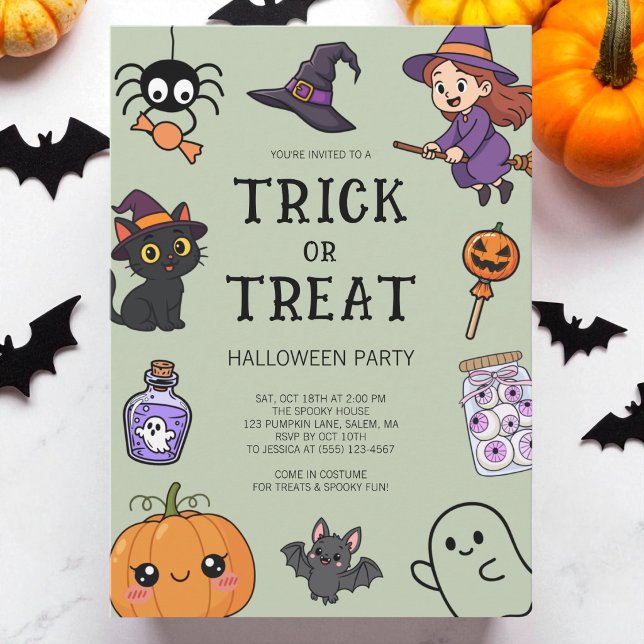 Invitación Disfraz divertido verde de Halloween para fiesta d (Cute Green Trick or Treat Halloween Costume Party Invitation)