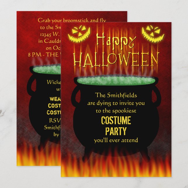 Invitación Disfraz Fiesta Cauldron de Halloween (Anverso / Reverso)