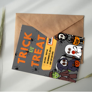 Invitación Disfraz negro y naranja Halloween Truco o trato