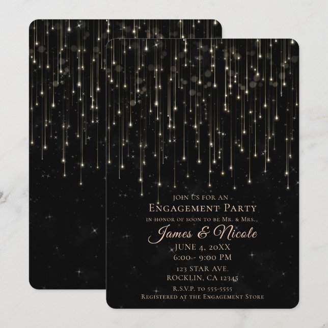 Invitación Disparo espumoso de estrellas de Moda negra Partid (Anverso / Reverso)