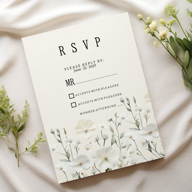 Invitación Disposición floral blanca de marfil delgado RSVP (Delicate ivory white floral arrangement RSVP)