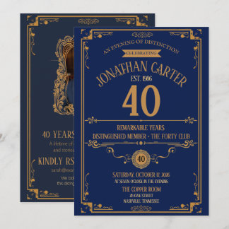 Invitación Distinguido Club Cuarenta Navy Gold 40 Cumpleaños