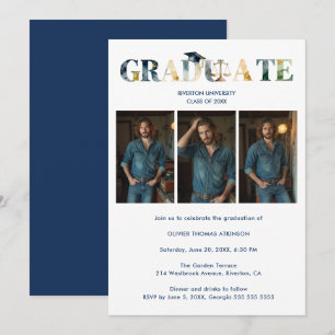 Invitación Distinguished Navy Blue Grad Law 3-Photo Layout