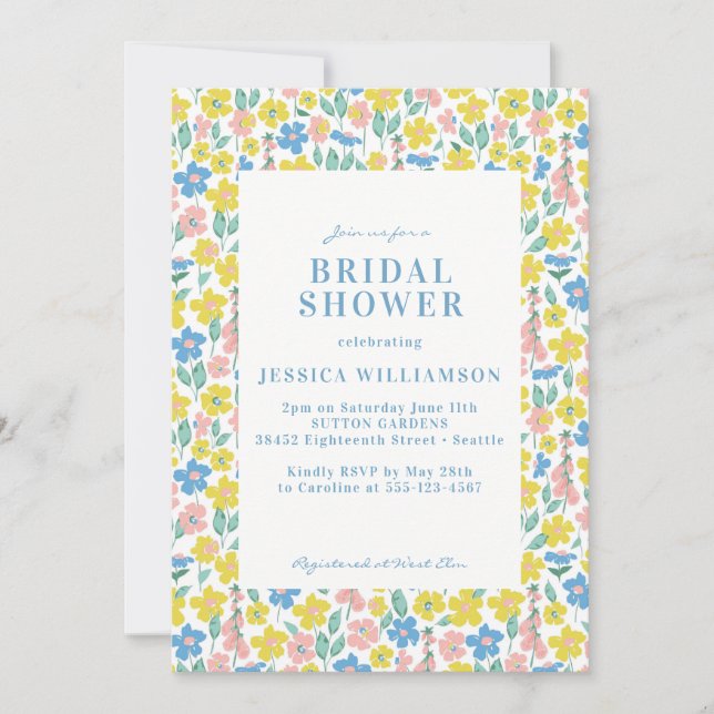 Invitación Ditsy floral suave azul y amarilla ducha de novia (Anverso)