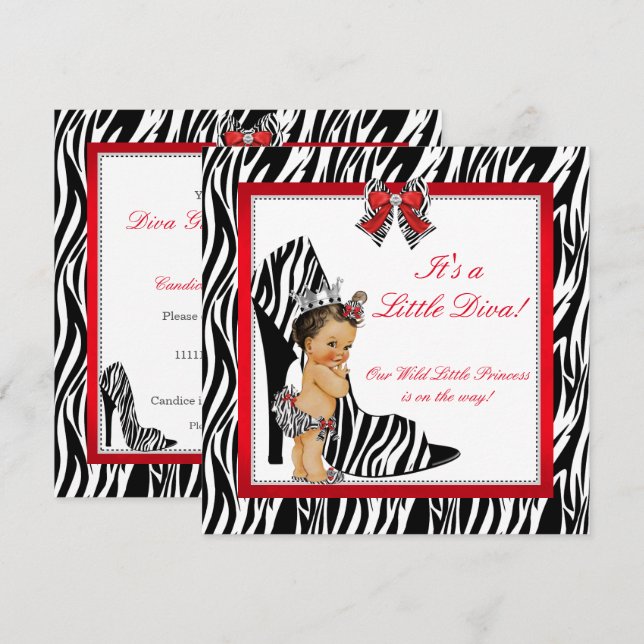Invitación Diva Cebra Princesa Niña Baby Shower Morena (Anverso / Reverso)