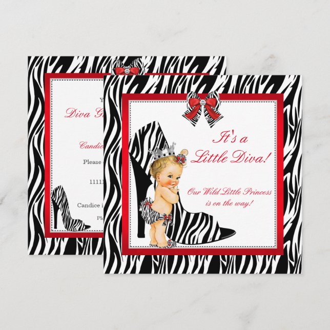 Invitación Diva Cebra Princesa Niña Fiesta de Bebé Rubia (Anverso / Reverso)