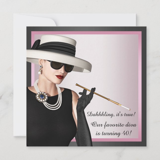 Invitación Diva Divertida Mujer Cumpleaños Rosa y Negro Favor (Anverso)