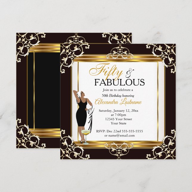Invitación Diva fabulosa deco Lady Gold Negro 50 cumpleaños (Anverso / Reverso)