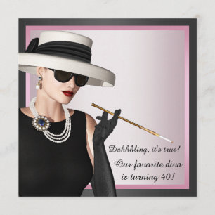 Invitación Diva Mujer Cumpleaños 40 Rosa y Negro Divertido