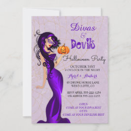 Invitación Diva sexy de Halloween con máscara sosteniendo una