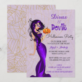 Invitación Diva sexy de Halloween con máscara sosteniendo una
