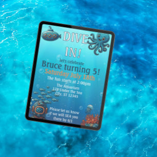Invitación Dive In Under Sea, fiesta de cumpleaños azul