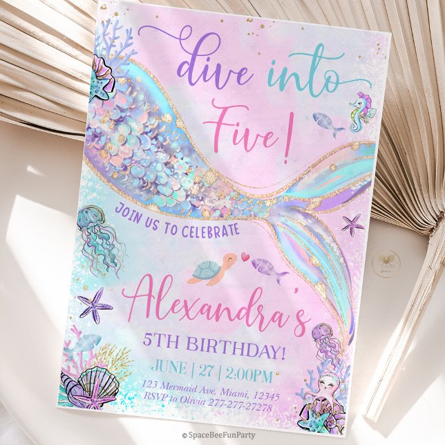Invitación Dive into Five Birthday Mermaid (mermaid birthday invitation, dive into five, mermaid party invite, 5th birthday mermaid, under the s)