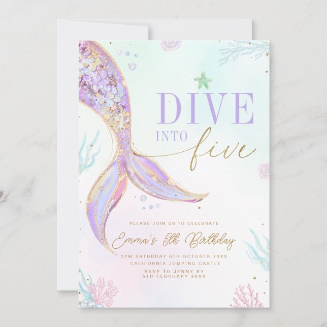 Invitación Dive into Five Mermaid Birthday Invitation Editabl (Anverso)