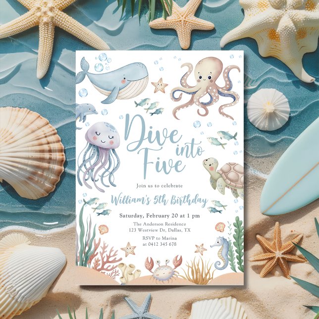 Invitación Dive Into Five Ocean Animals 5th Birthday (Subido por el creador)