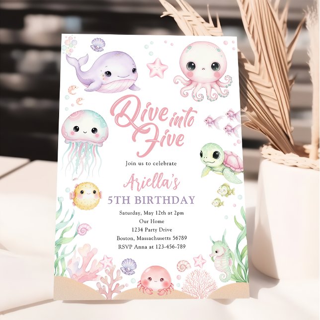 Invitación Dive Into Five Ocean Animals 5th Birthday (Subido por el creador)